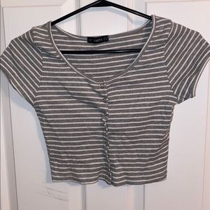 Zaful Grey Striped Buttoned Crop Top